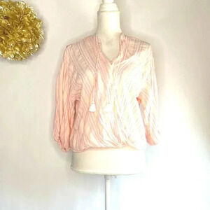 Lou & Grey Womens Faux Wrap Top Pink White Stripe 3/4 Sleeve Surplice Tassels L